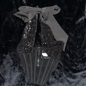 Shape black sequin mesh wrap neck corset